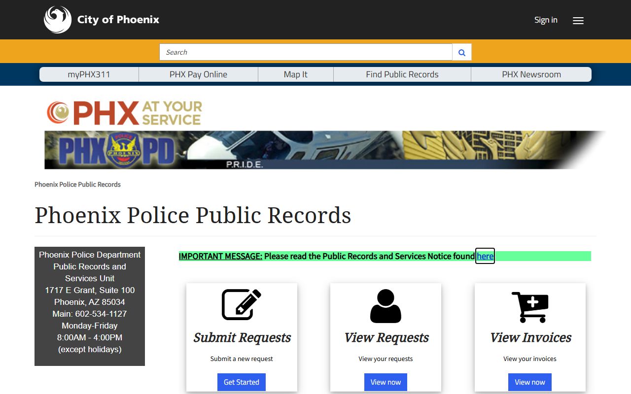Phoenix Public Safety online portal for police records requests