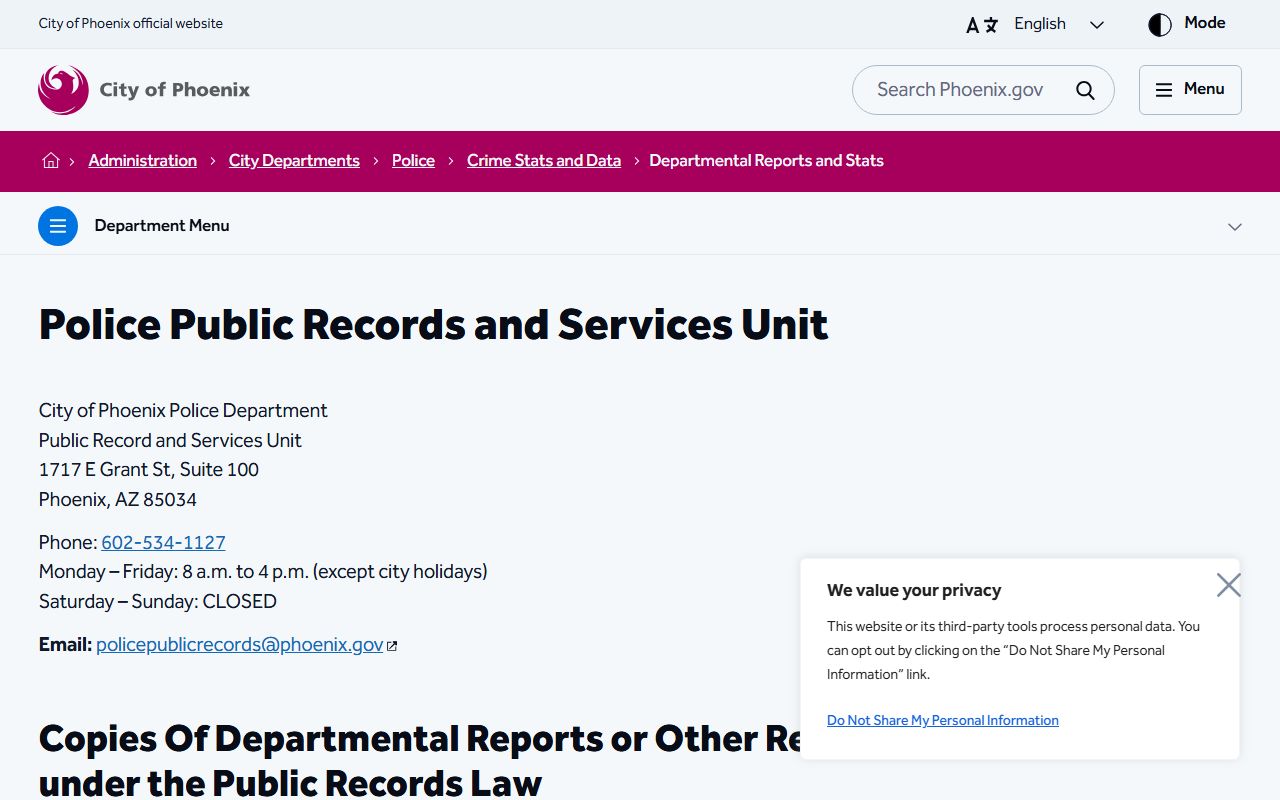 Phoenix Police Department records page for felony and arrest records