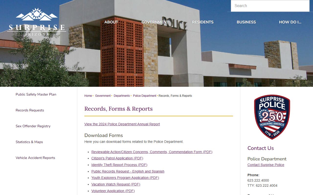 Surprise Police Department records forms page for felony related documents