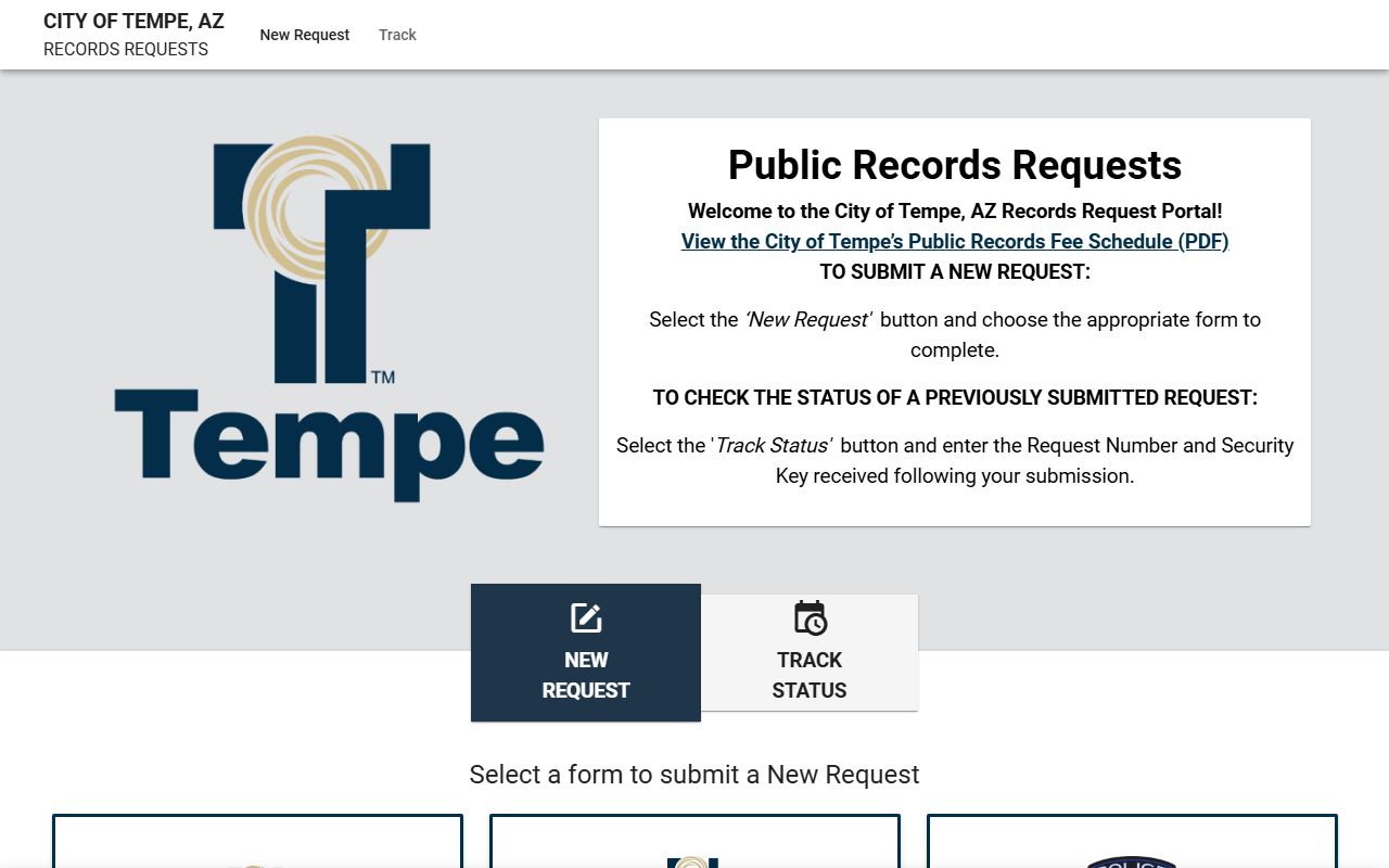 Tempe Police Department JustFOIA portal for requesting felony arrest records