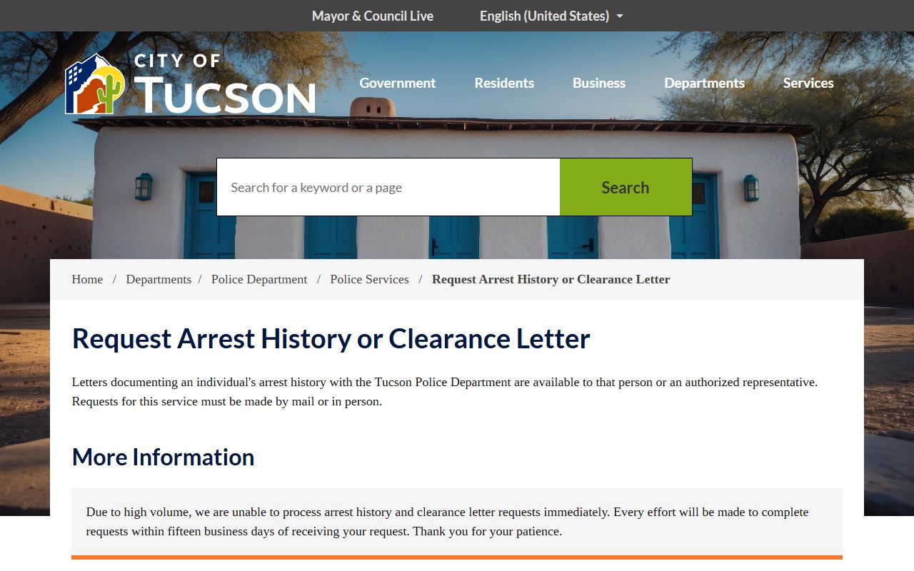 Tucson Police Department arrest history request page for felony records