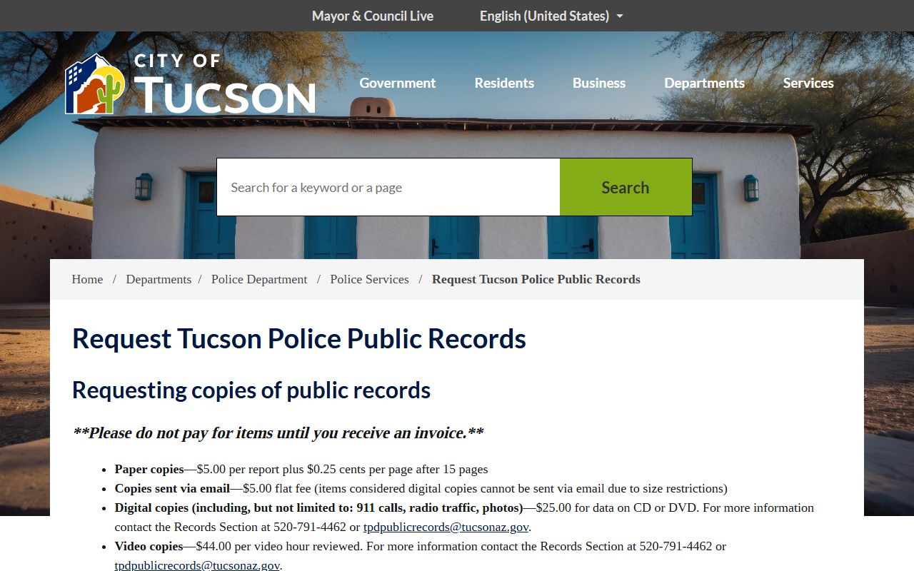 Tucson Police Department Records page for felony arrest records