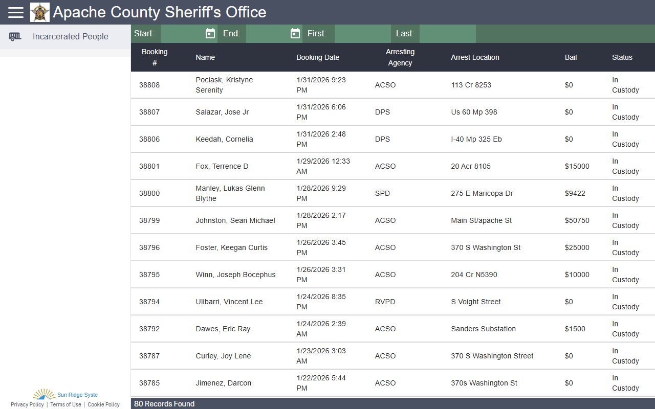 Apache County inmate search portal for current jail bookings