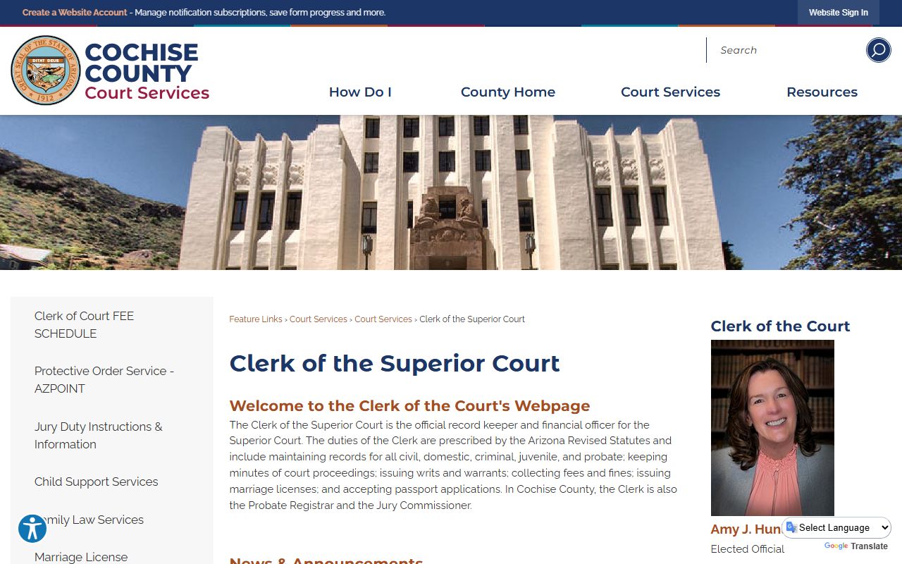 Cochise County Clerk of the Superior Court main page for felony records