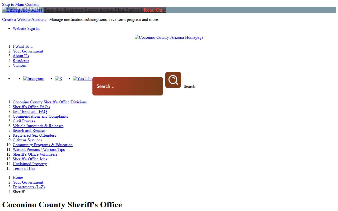 Coconino County Sheriff's Office main page with records info
