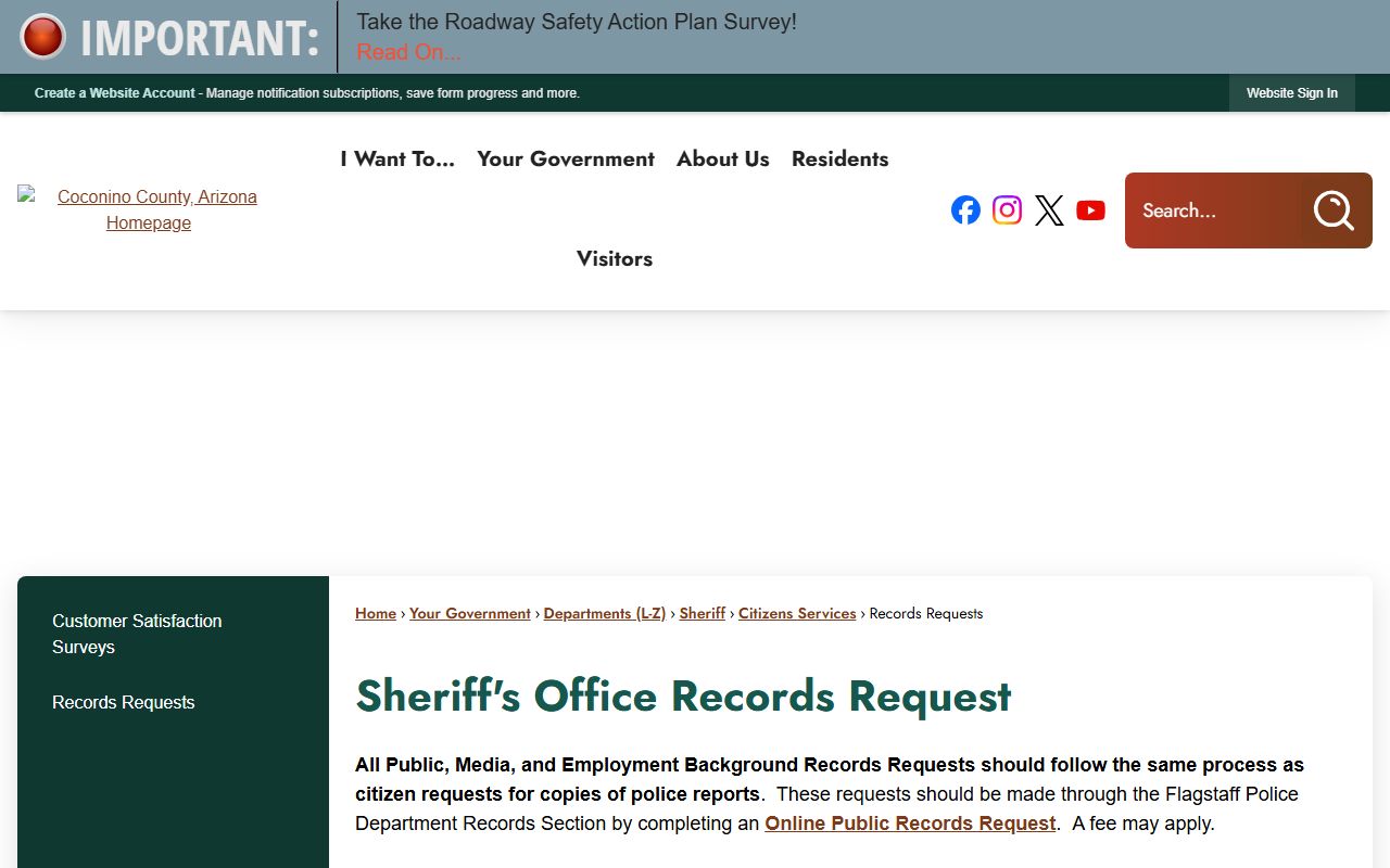 Coconino County Sheriff records request page for felony arrest records