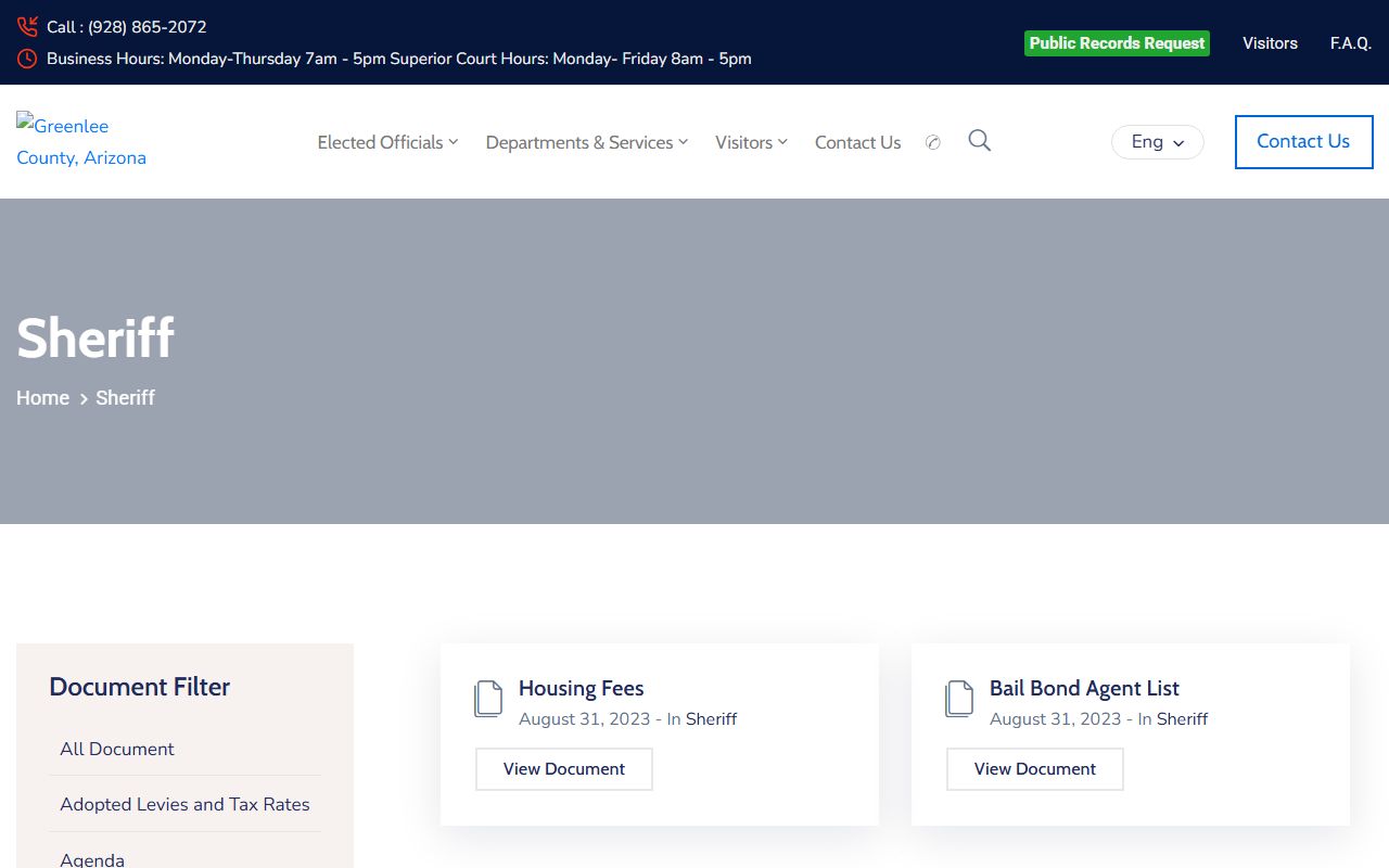 Greenlee County Sheriff page for felony arrest records