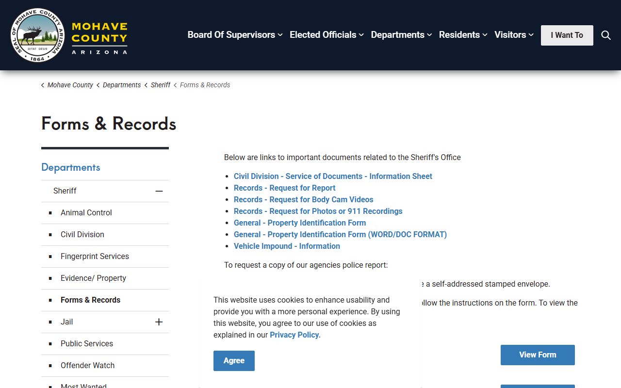Mohave County Sheriff forms and records page for arrest reports and law enforcement documents