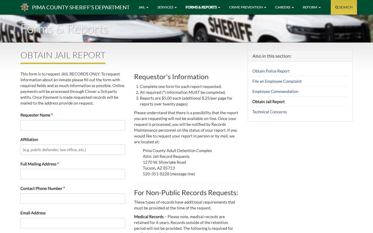 Pima County Sheriff jail report request page for felony booking records