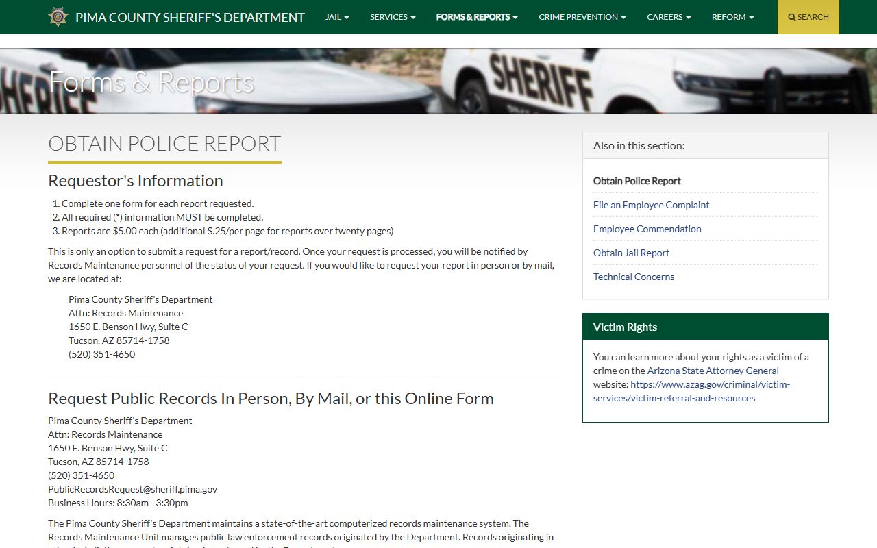 Pima County Sheriff police report request form for felony arrest records