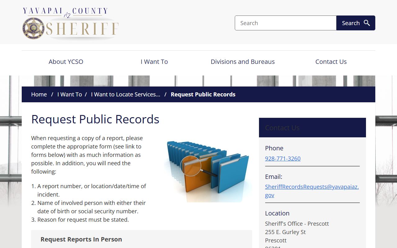 Yavapai County Sheriff public records request page for felony arrest records