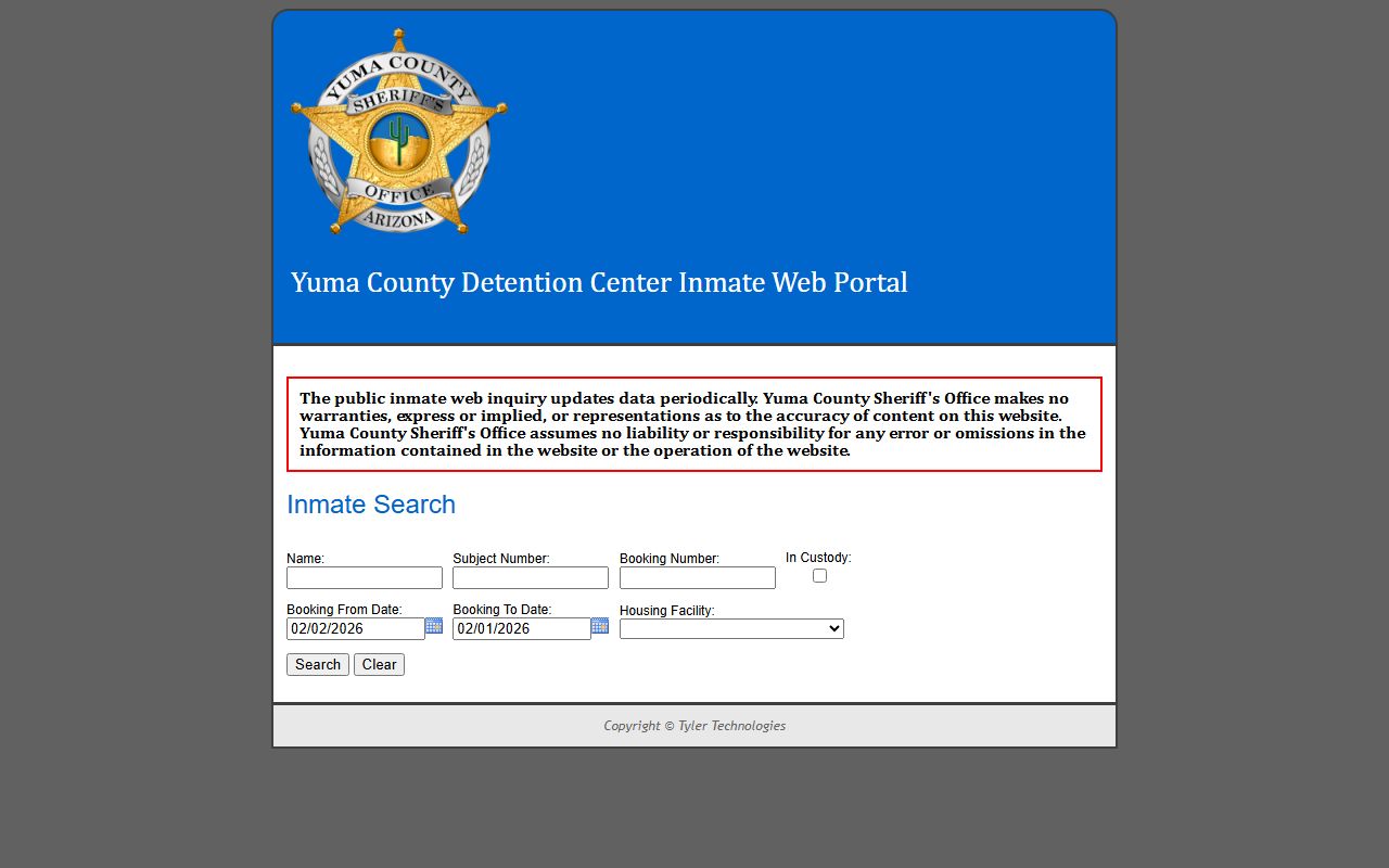 Yuma County Sheriff inmate search portal for current jail inmates