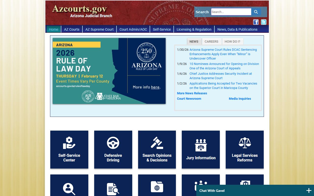 Arizona Judicial Branch main page with court resources