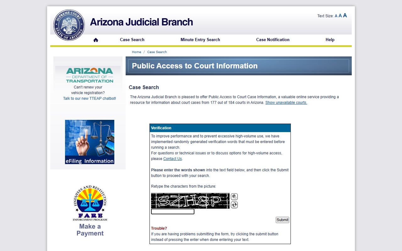 Arizona Public Access Case Lookup for searching felony cases
