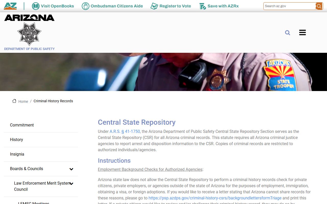 Arizona DPS Criminal History Records main page for felony records