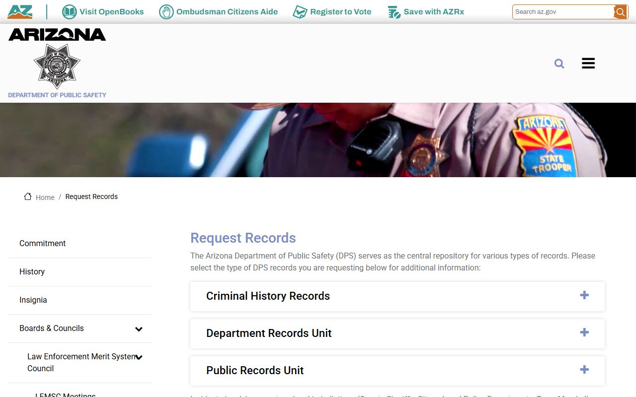 Arizona DPS Records Request Portal for felony records