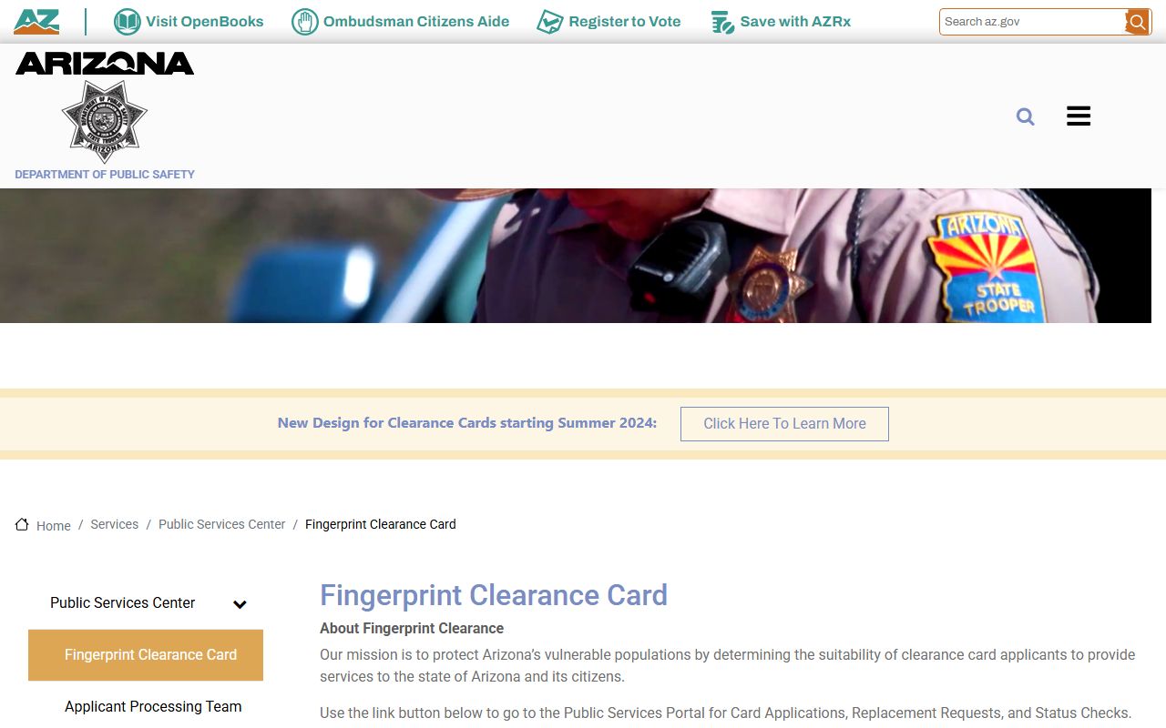 Arizona DPS Fingerprint Clearance Card application page