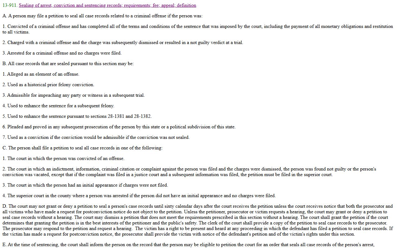 Arizona statute A.R.S. 13-911 on felony record sealing