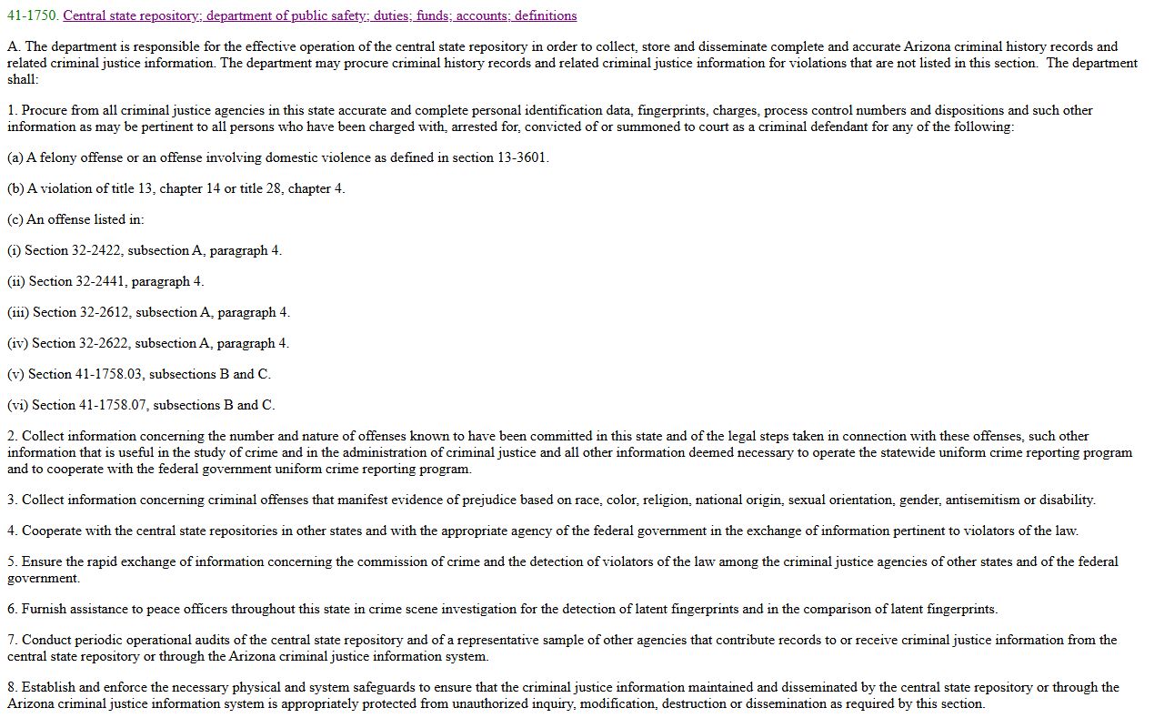 Arizona statute A.R.S. 41-1750 on Central State Repository